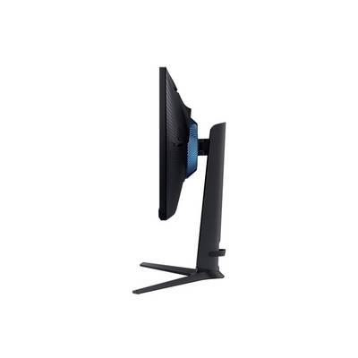 Flacher Computermonitor von der Seite, mit schwarzem Standfuß und blauer Akzentuierung auf der Rückseite.