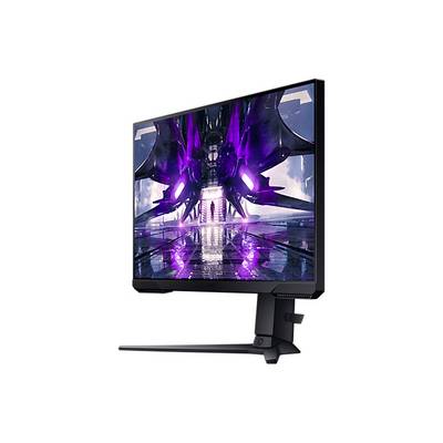 Ein Monitor zeigt eine futuristische Szene mit lilafarbenen Lichtern und einer reflektierenden Oberfläche, was eine technologisch fortschrittliche Atmosphäre vermittelt.