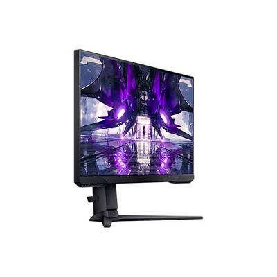 Monitor mit futuristischem Videospiel auf dem Bildschirm, zeigt ein stilisiertes Sci-Fi-Raumschiff mit lila Lichtern.