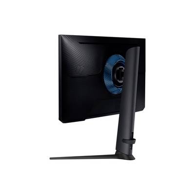 Ein moderner Computermonitor von hinten mit einem schlanken, schwarzen Design und blauer Akzentuierung im Mittelteil der Rückseite.