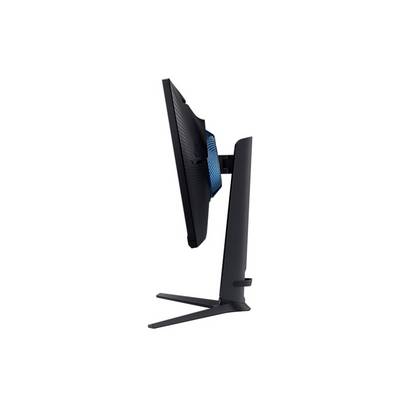 Seitliche Ansicht eines modernen Computerbildschirms mit schlankem Design und einem schmalen Standfuß. Der Bildschirm ist schwarz.