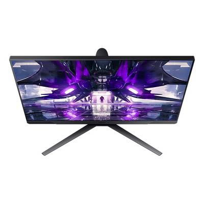 Ein Computerbildschirm zeigt ein futuristisches Bild mit violetten Lichtern und einer Person, die auf ein leuchtendes Raumschiff zugeht.