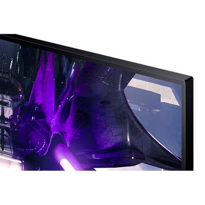 Nahaufnahme eines Monitors mit Space-Action-Szene, auf der ein futuristisches Raumschiff in lila und weißem Licht zu sehen ist.