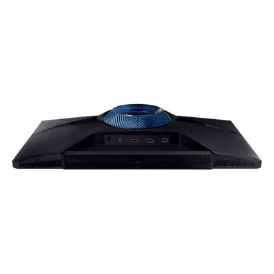 'Rückansicht eines Gaming-Monitors mit blauer Belüftung, HDMI- und USB-Anschlüssen in der Mitte.'