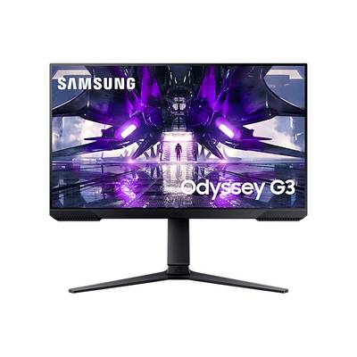 Ein Samsung Odyssey G3 Monitor zeigt ein Sci-Fi-Bild mit lila und blauen Lichtern und einer futuristischen Figur im Zentrum.