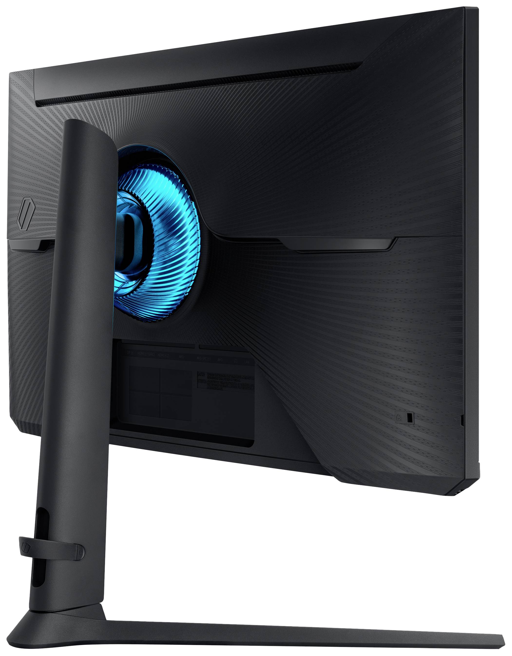 Rückansicht eines schwarzen Computerbildschirms mit blau leuchtendem Ring in der Mitte.