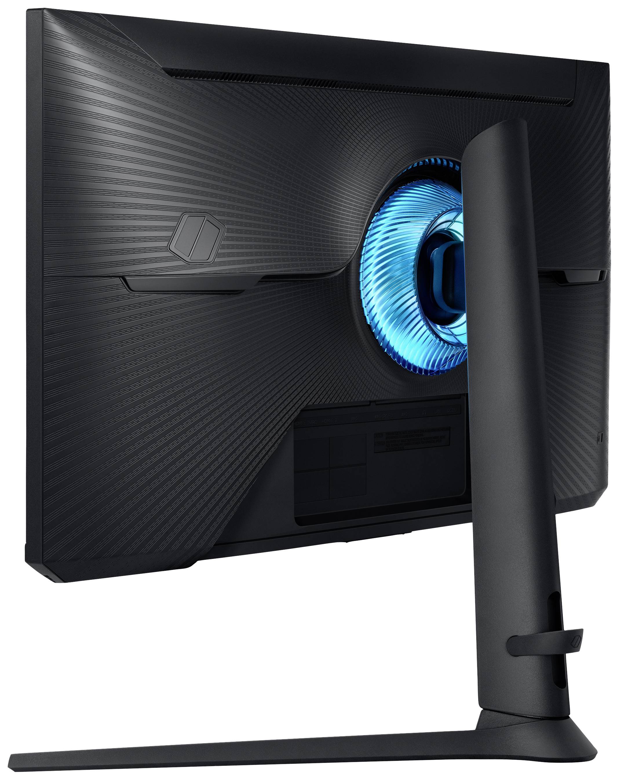 'Rückseite eines modernen Computer-Monitors mit blauem LED-Ring und schlankem Ständer, geeignet für Gaming oder professionelle Nutzung.'