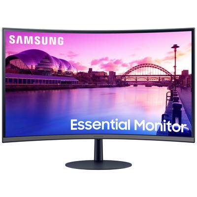 Ein gebogener Monitor mit Sonnenuntergangshintergrund zeigt Landschaft mit Fluss und Brücken. Markenname 'Samsung' oben links.