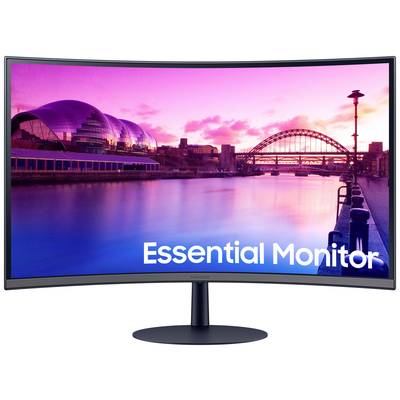 Ein gebogener Monitor zeigt ein abendliches Stadtbild mit Fluss, Brücke und modernen Gebäuden. Unten steht 'Essential Monitor'.