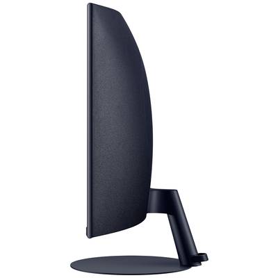 'Seitenansicht eines dünnen, dunkelblauen Computermonitors auf einem runden Standfuß, zeigt die schlanke Form und das minimalistische Design.'