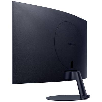 Schwarzer, gebogener Computermonitor von hinten, montiert auf einem Standfuß.