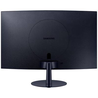 Rückseite eines schwarzen, gebogenen Monitors auf einem Standfuß, Markenname mittig platziert.