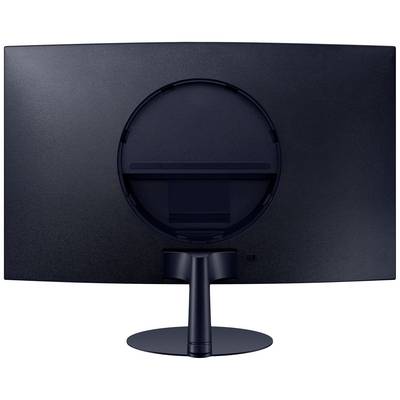 Rückseite eines schwarzen, gebogenen Computermonitors mit rundem Standfuß, ohne sichtbare Kabel oder Markenkennzeichnungen.