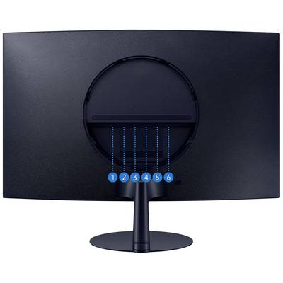 Rückansicht eines Computermonitors mit sechs nummerierten Anschlüssen in der Mitte, verbunden mit einem zentralen Anschlussbereich.