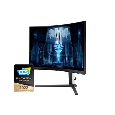 Gebogener Gaming-Monitor mit einem futuristischen Spiel auf dem Bildschirm; daneben ein 'CES Innovation Awards 2022' Abzeichen.