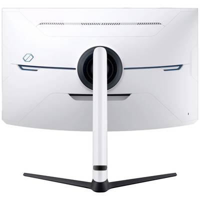 Ein weißer, futuristischer Computermonitor von hinten, mit einem gebogenen Design und einem zentrierten Standfuß.