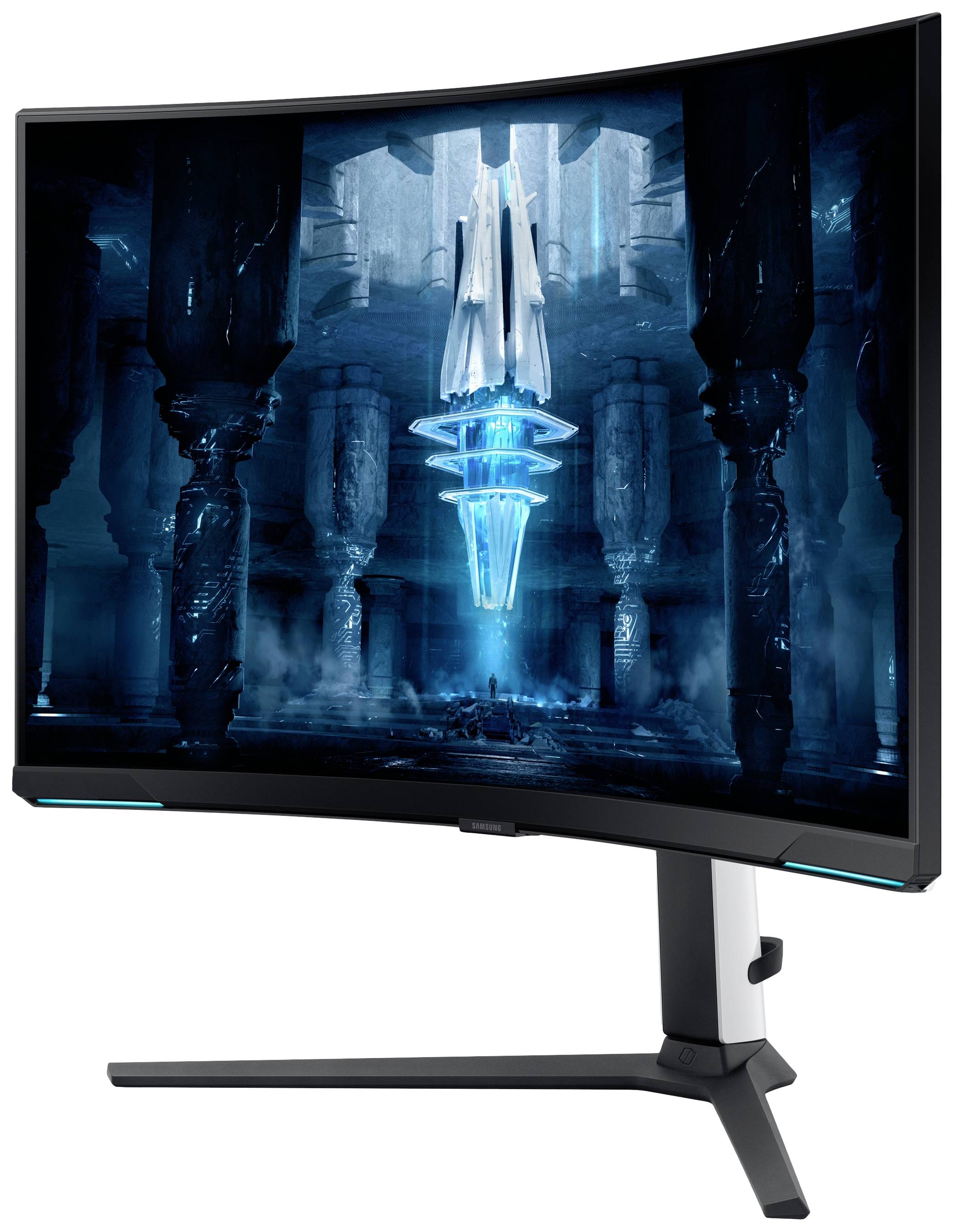 Curved Gaming-Monitor zeigt ein futuristisches, blau leuchtendes Sci-Fi-Design in einer virtuellen Umgebung.