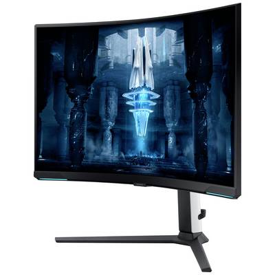 Curved Gaming-Monitor zeigt ein futuristisches, blau leuchtendes Sci-Fi-Design in einer virtuellen Umgebung.
