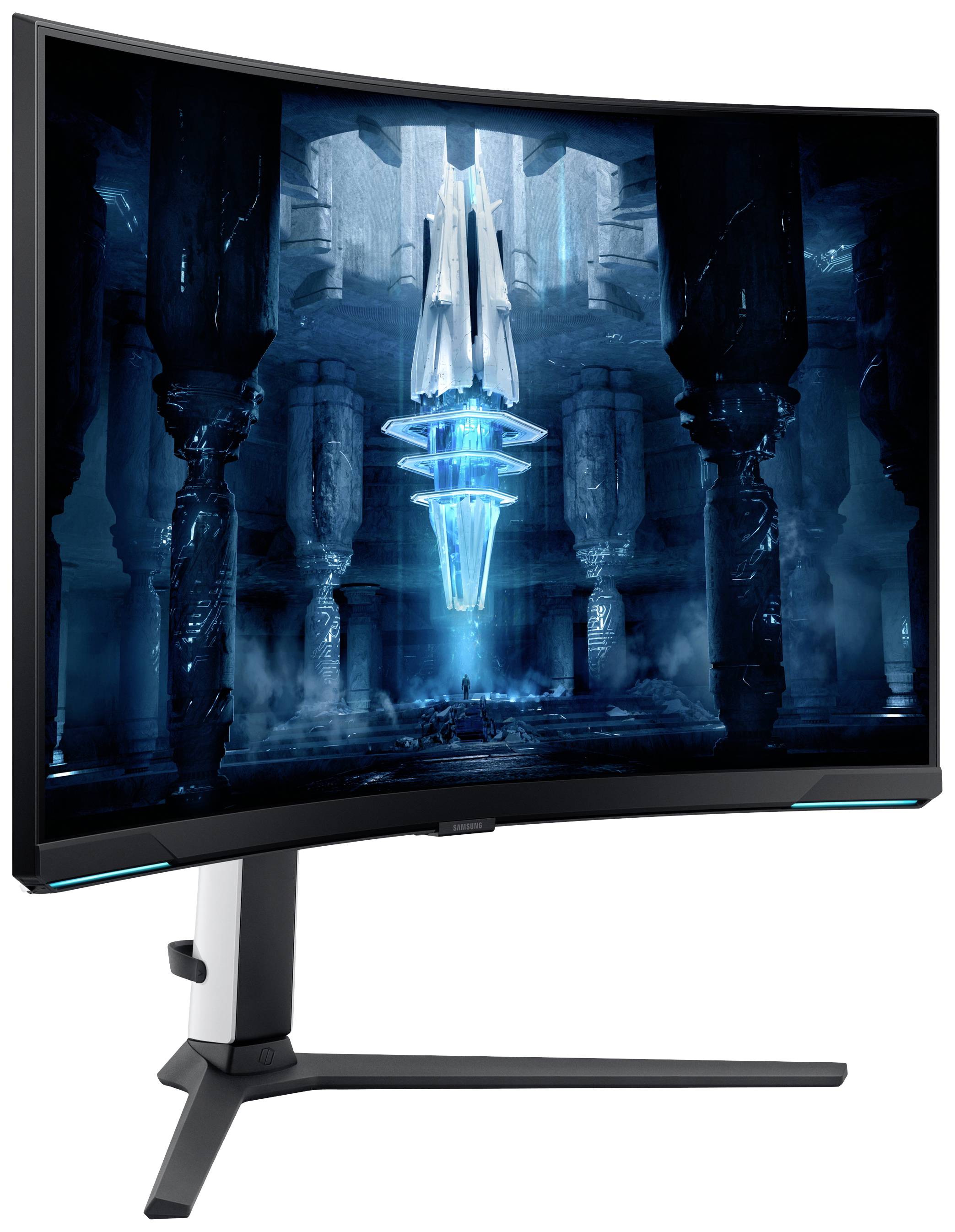 Ein gebogener Gaming-Monitor mit einem blauen Sci-Fi-Bildschirmhintergrund, montiert auf einem stabilen Standfuß.