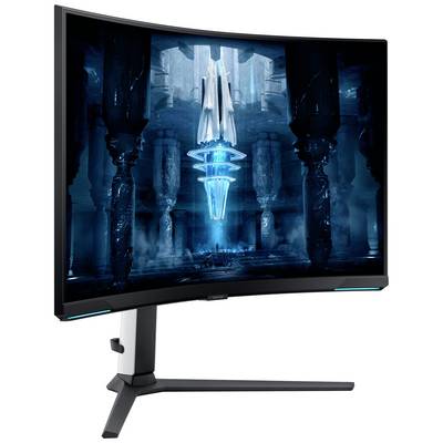Ein gebogener Gaming-Monitor mit einem blauen Sci-Fi-Bildschirmhintergrund, montiert auf einem stabilen Standfuß.
