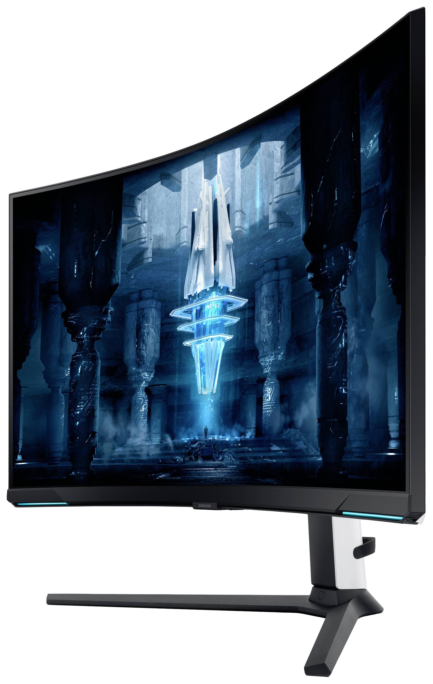 Ein gebogener Gaming-Monitor zeigt eine futuristische, blaue Szene mit einem schwebenden Objekt in einer mystischen Umgebung.