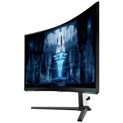 Ein gebogener Gaming-Monitor zeigt eine futuristische, blaue Szene mit einem schwebenden Objekt in einer mystischen Umgebung.