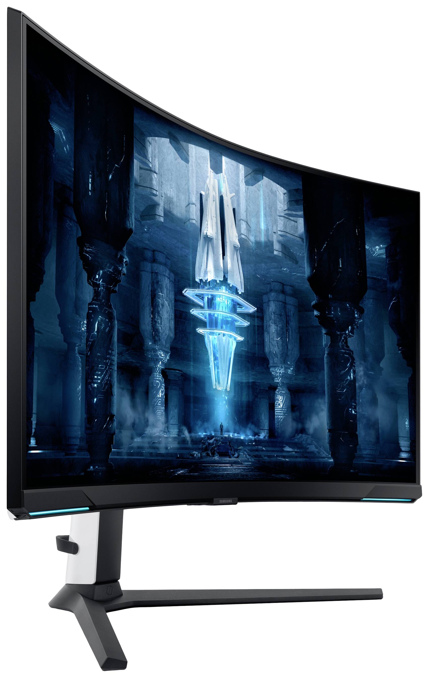 Ein gebogener Computerbildschirm zeigt ein futuristisches, blau beleuchtetes Sci-Fi-Szenenbild mit schwebendem Objekt in einem Tempel.