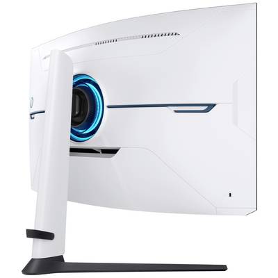 Ein weißer, gebogener Computerbildschirm mit blauem Leuchtring auf der Rückseite, montiert auf einem schwarzen Ständer.