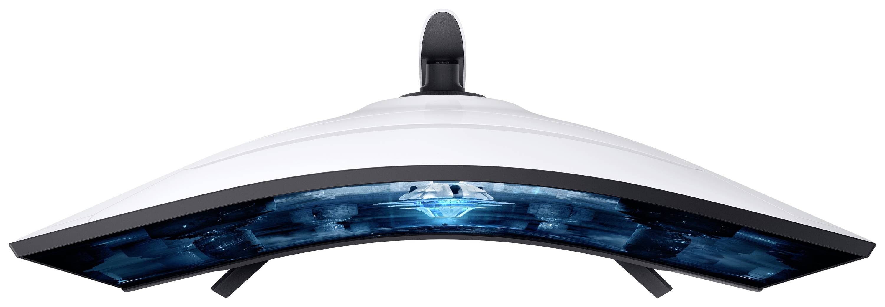 Ein gebogener Gaming-Monitor mit blau leuchtendem Bildschirm und elegantem Design. Ideal für immersives Spielerlebnis.