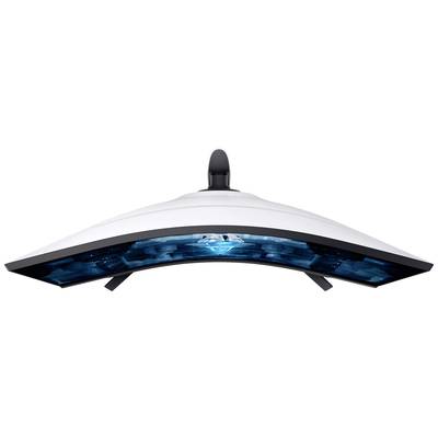 Ein gebogener Gaming-Monitor mit blau leuchtendem Bildschirm und elegantem Design. Ideal für immersives Spielerlebnis.