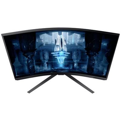 Ein gekrümmter Computerbildschirm zeigt ein blau beleuchtetes, futuristisches Design mit zentralem, symmetrischem Element.