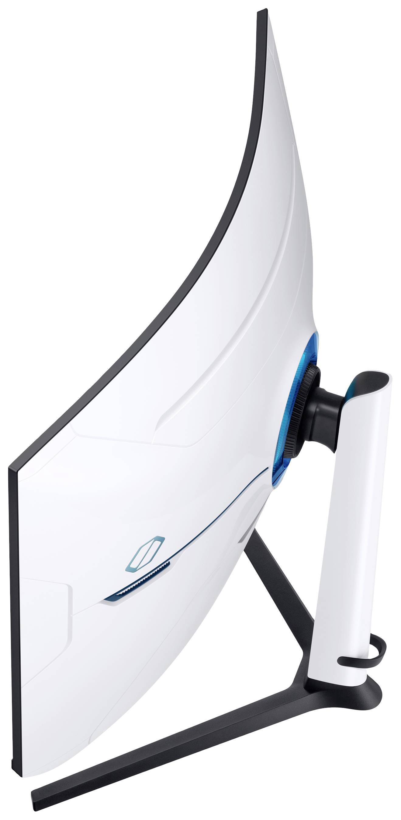 Ein weißer, gebogener Computerbildschirm von der Seite gesehen, mit einem schwarzen Rahmen und einem stabilen Standfuß.