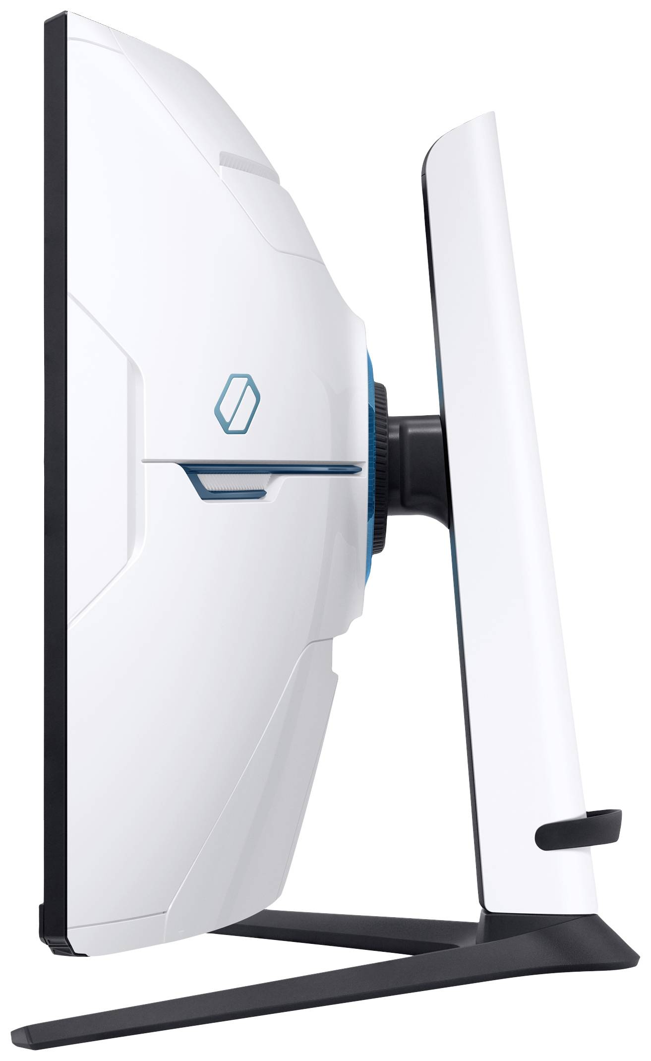 Ein moderner, weißer Computerbildschirm im Profil. Der Bildschirm ist schlank und hat ein futuristisches Design mit blauen Akzenten.