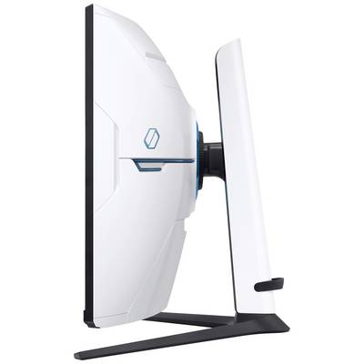 Ein moderner, weißer Computerbildschirm im Profil. Der Bildschirm ist schlank und hat ein futuristisches Design mit blauen Akzenten.