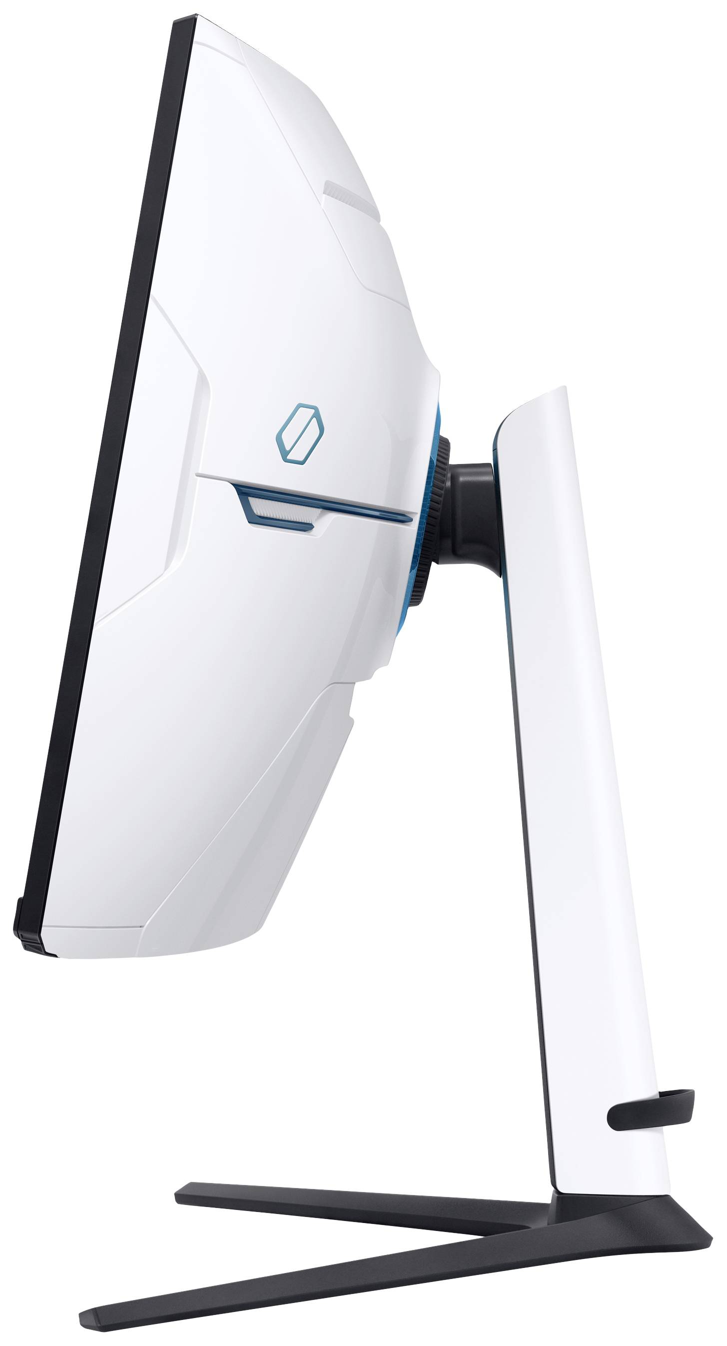 Ein seitlicher Blick auf einen weißen, futuristischen Computermonitor auf einem stabilen Standfuß.