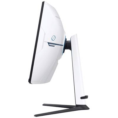 Ein seitlicher Blick auf einen weißen, futuristischen Computermonitor auf einem stabilen Standfuß.