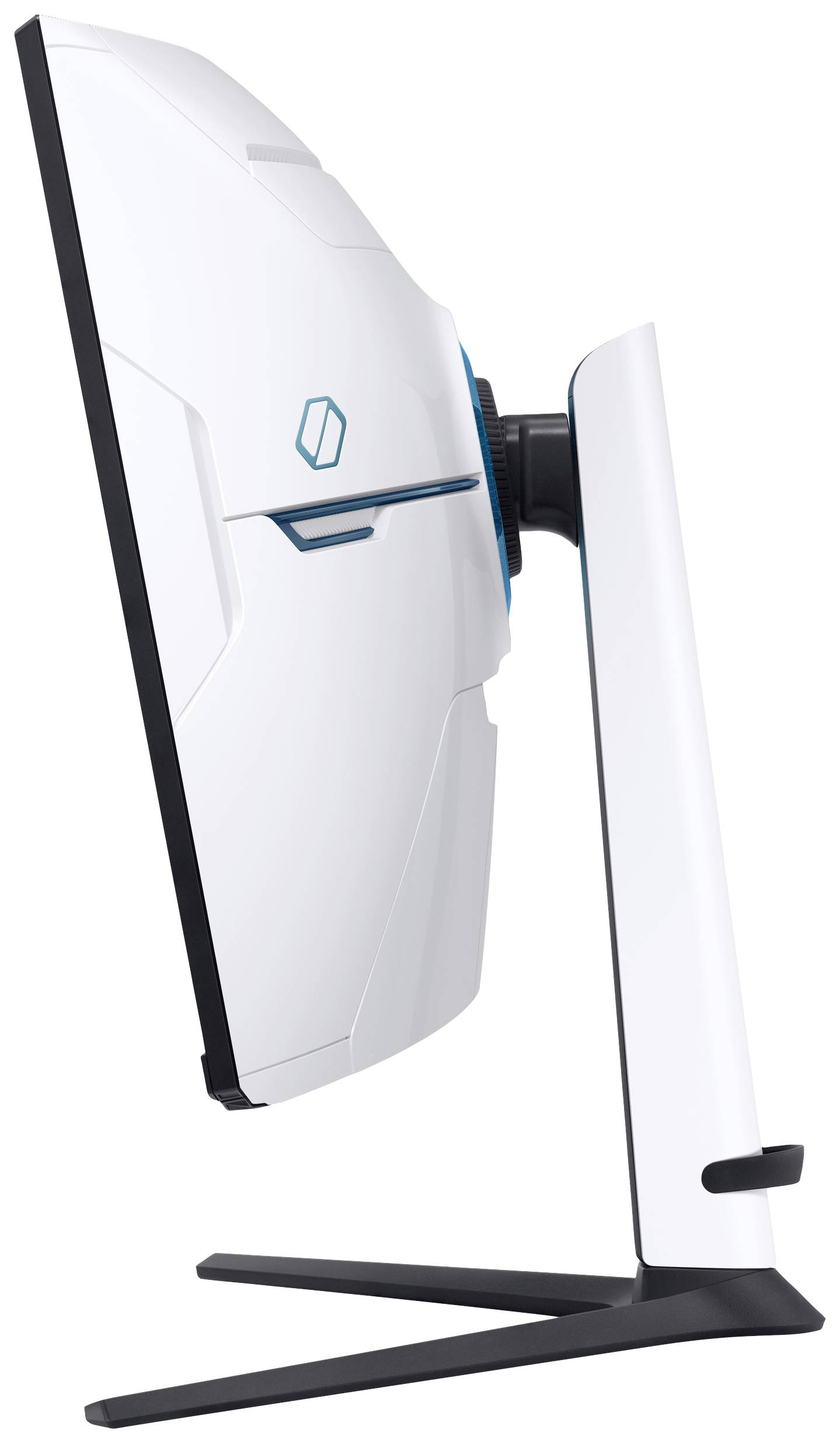 Ein weißer, schlanker Computermonitor mit futuristischem Design, seitlich gezeigt.