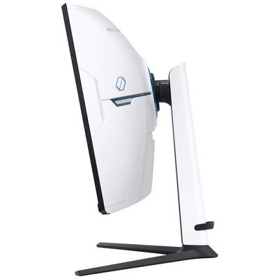Ein weißer, schlanker Computermonitor mit futuristischem Design, seitlich gezeigt.