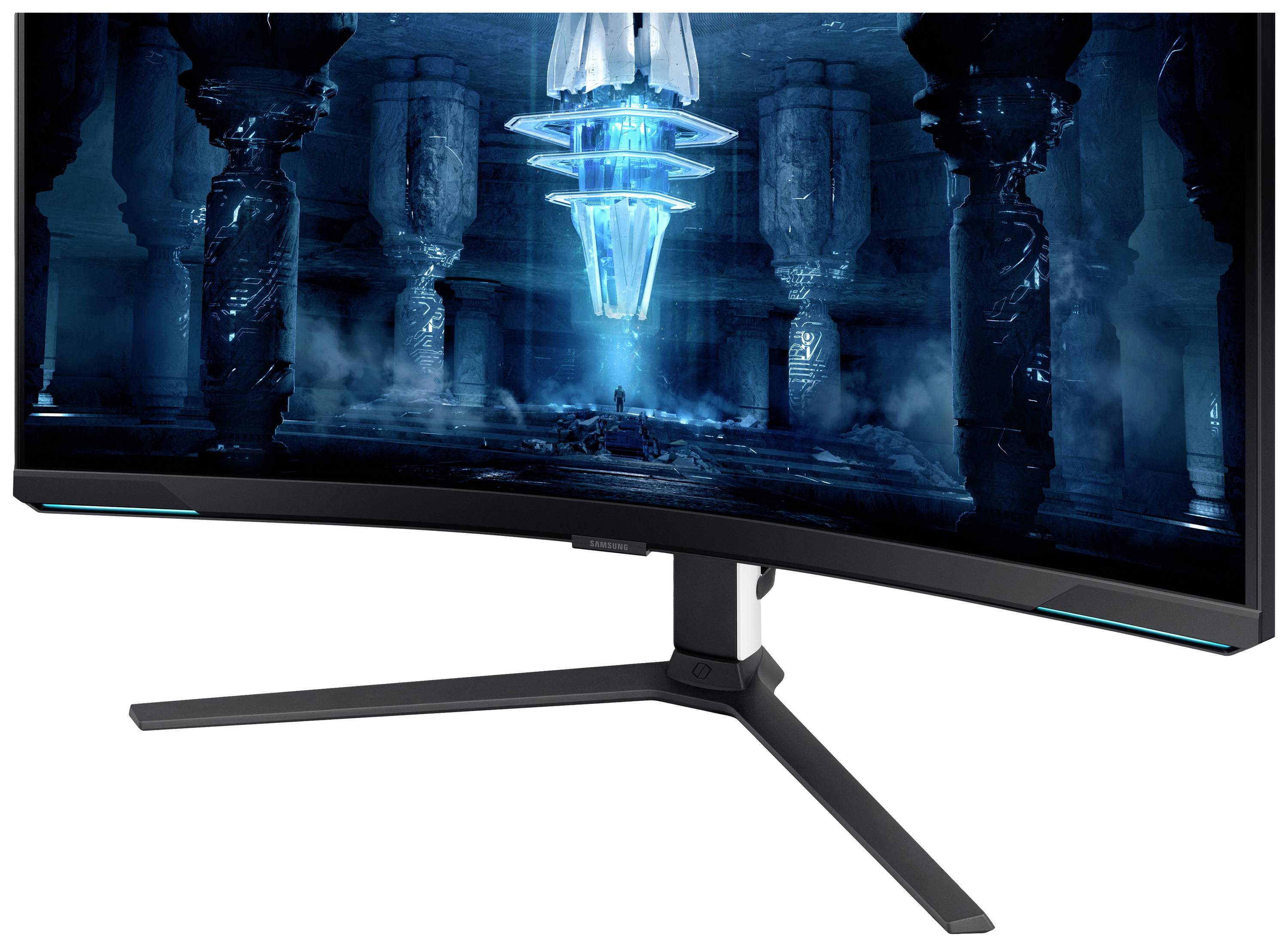 Ein gebogener Gaming-Monitor mit leuchtendem Bildschirm zeigt ein futuristisches digitales Design in Blau- und Schwarztönen.