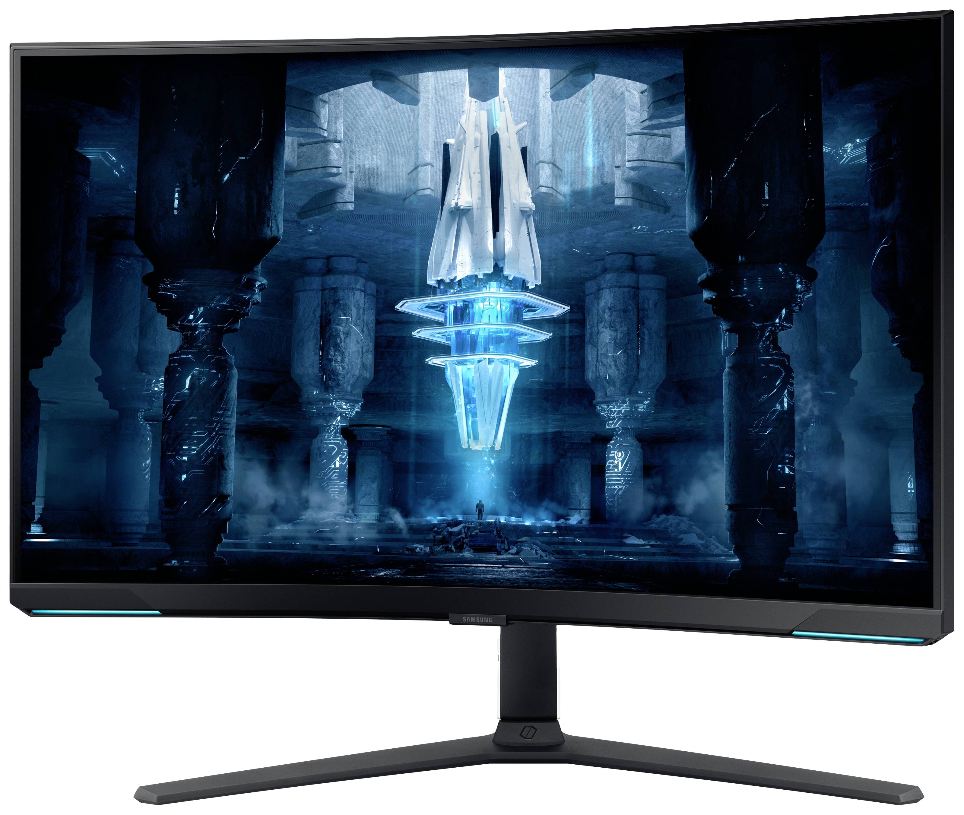 Ein gebogener Gaming-Monitor zeigt eine futuristische Szene mit einer schwebenden blauen Energiequelle in einer alten Tempelumgebung.