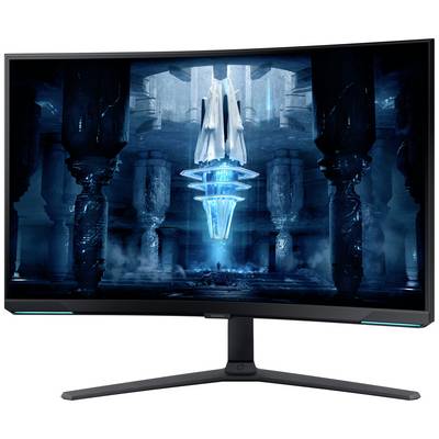 Ein gebogener Gaming-Monitor zeigt eine futuristische Szene mit einer schwebenden blauen Energiequelle in einer alten Tempelumgebung.