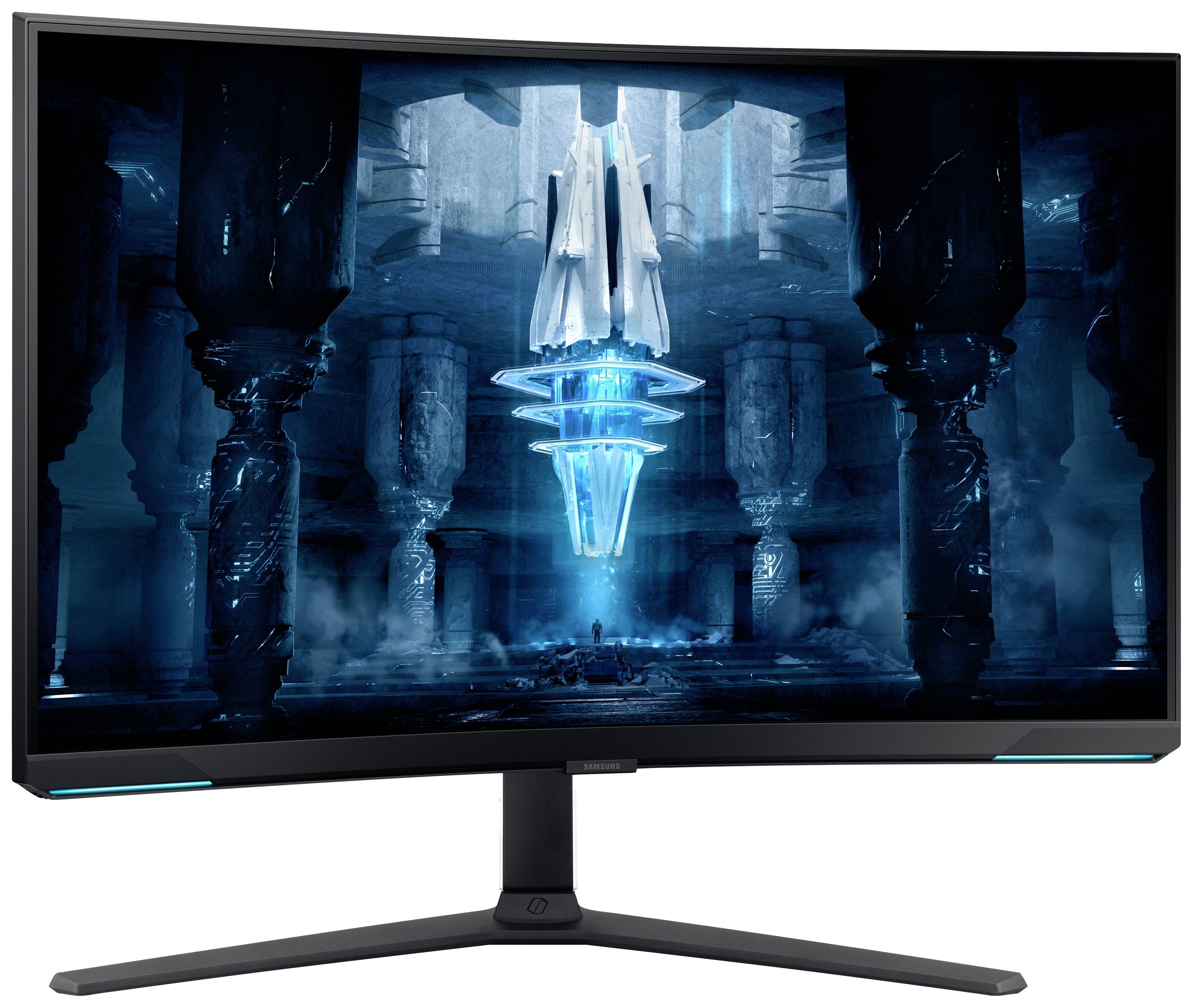 Ein gebogener Gaming-Monitor zeigt eine futuristische Szene mit blau leuchtenden Strukturen in einem düsteren Tempelinterieur.