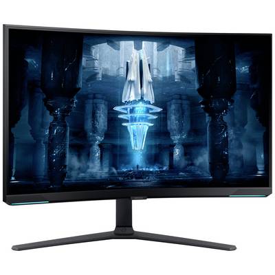 Ein gebogener Gaming-Monitor zeigt eine futuristische Szene mit blau leuchtenden Strukturen in einem düsteren Tempelinterieur.