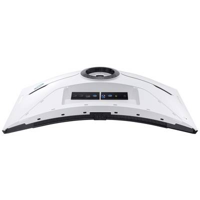 Gekrümmter Gaming-Monitor weißer Rückseite mit mehreren Anschlussports: HDMI, DisplayPort und USB. Gedacht für ein intensives Spielerlebnis.