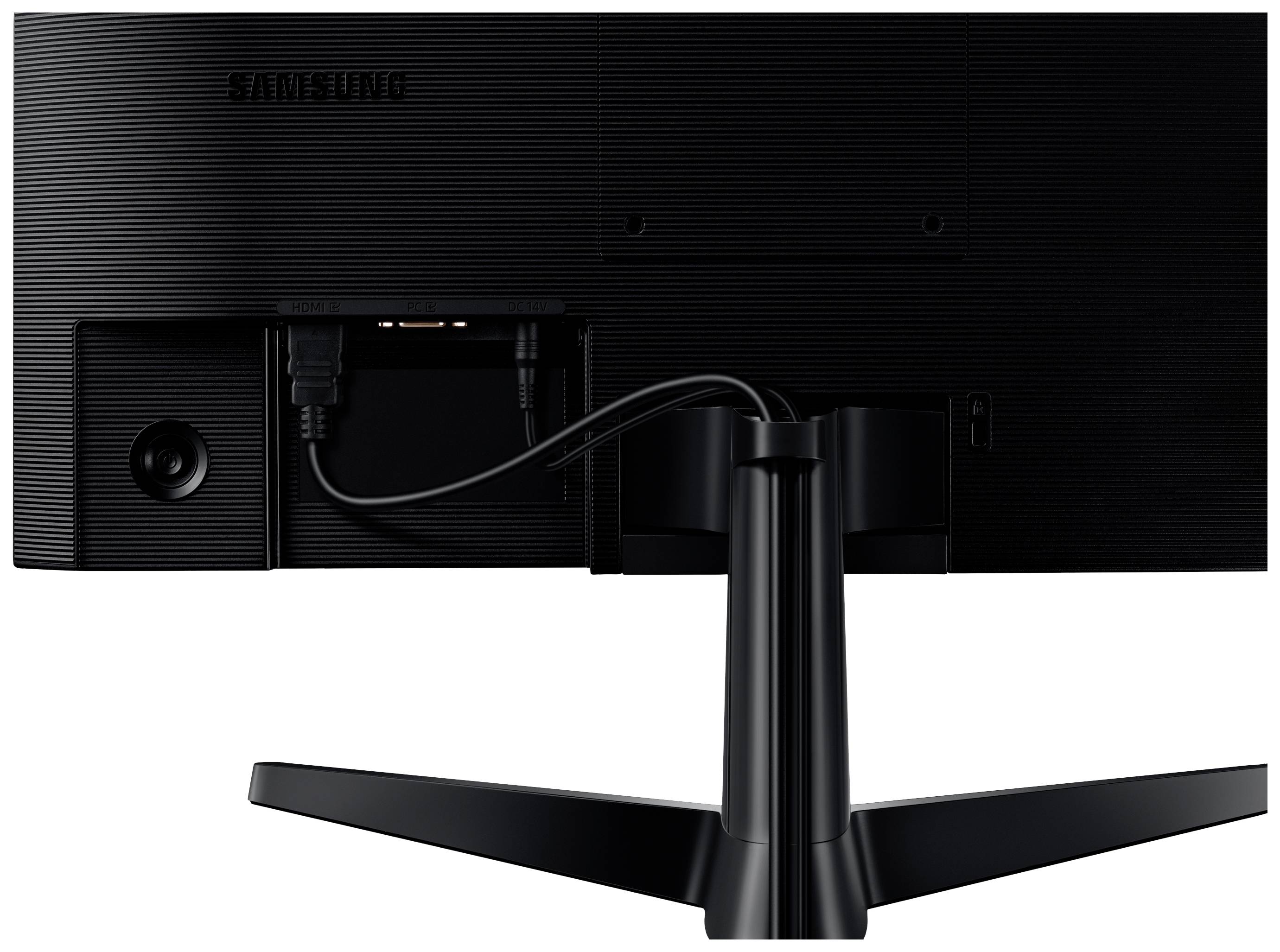 Ein schwarzer Computermonitor von hinten. Zwei Kabel sind im Anschlussbereich eingesteckt.