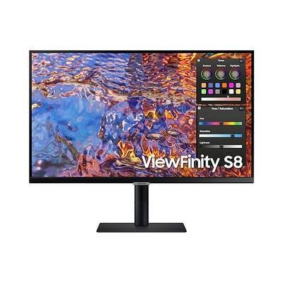 Ein Monitor mit farbenfrohem Bildschirmbild zeigt ein Bildbearbeitungsprogramm mit Farbanpassungsoptionen. Markierung 'ViewFinity S8'.