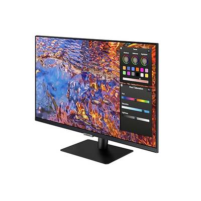 Ein Computermonitor zeigt ein lebendiges, abstraktes Bild mit leuchtenden Farben und einem geöffneten Bearbeitungsmenü für Farbtöne.