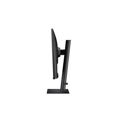 Ein schwarzer Computermonitor von der Seite, zeigt schlankes, modernes Design mit einem stabilen Standfuß.