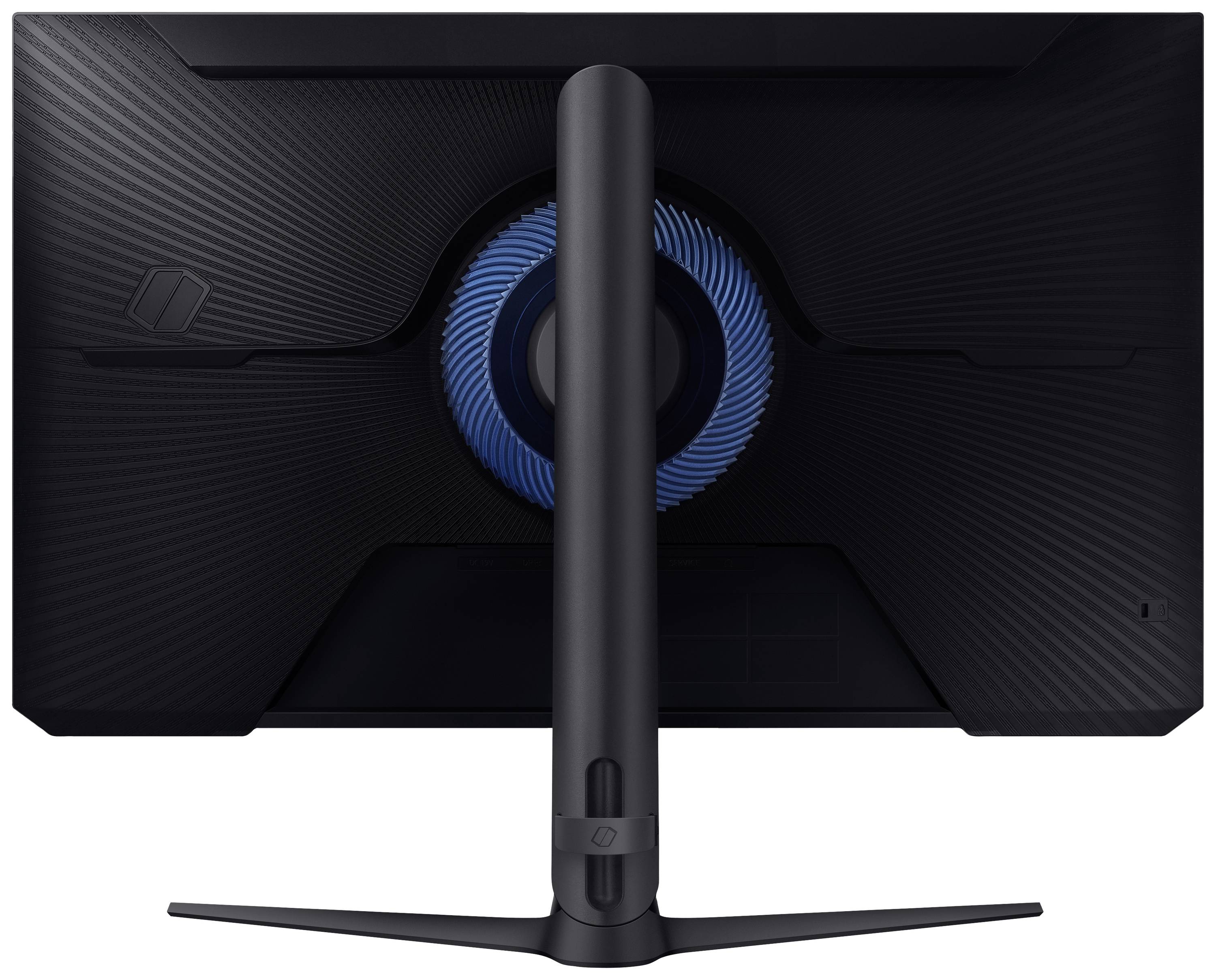 Rückansicht eines modernen Computermonitors mit einem zentralen blauen Akzent und einem robusten Standfuß.