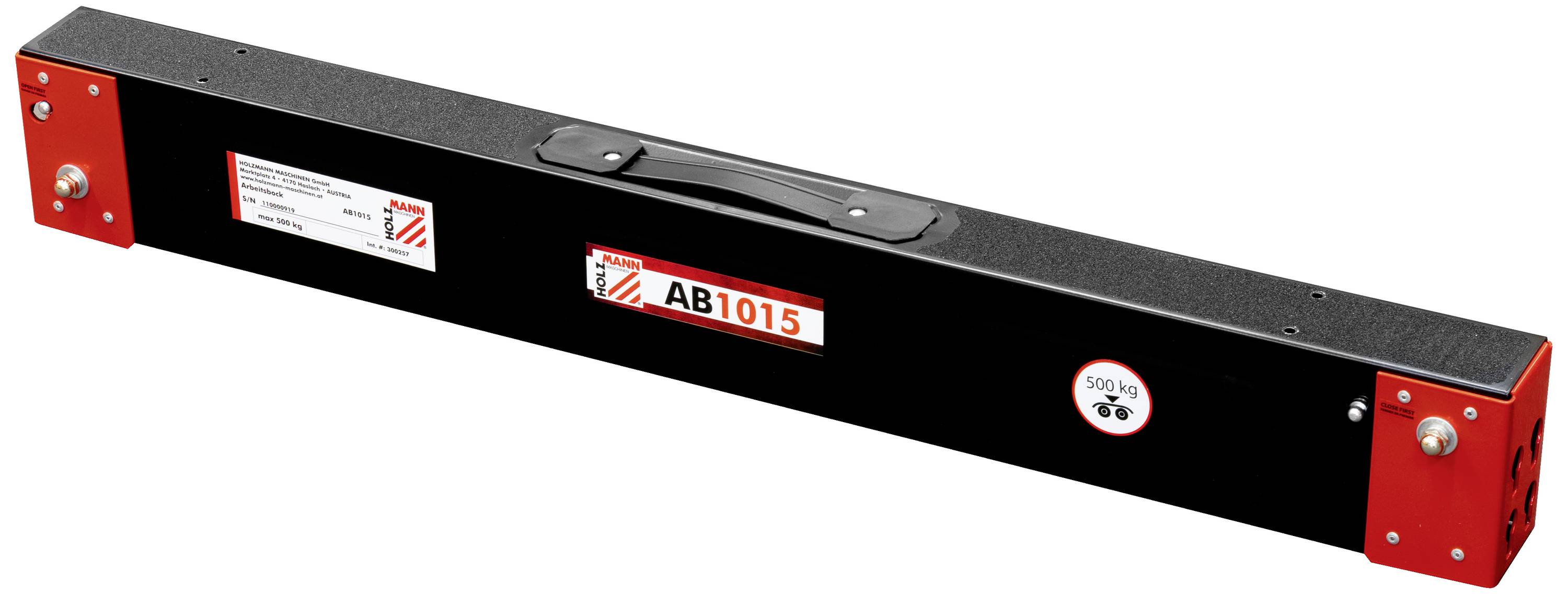 Eine schwarze Hebevorrichtung mit rotem Endstück und einem 'AB1015'-Etikett. Geeignet für Lasten bis 500 kg.